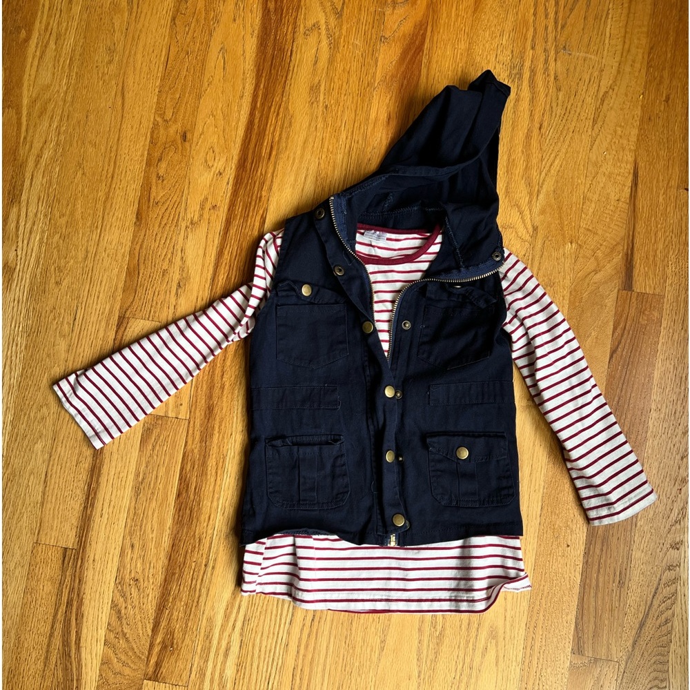 Girls Size 7/8 Navy Blue and Burgundy Striped Vest Set